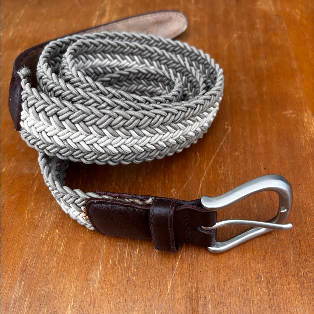 Braided Stretch Belt with Brown Leather Trim - Gray and Cream